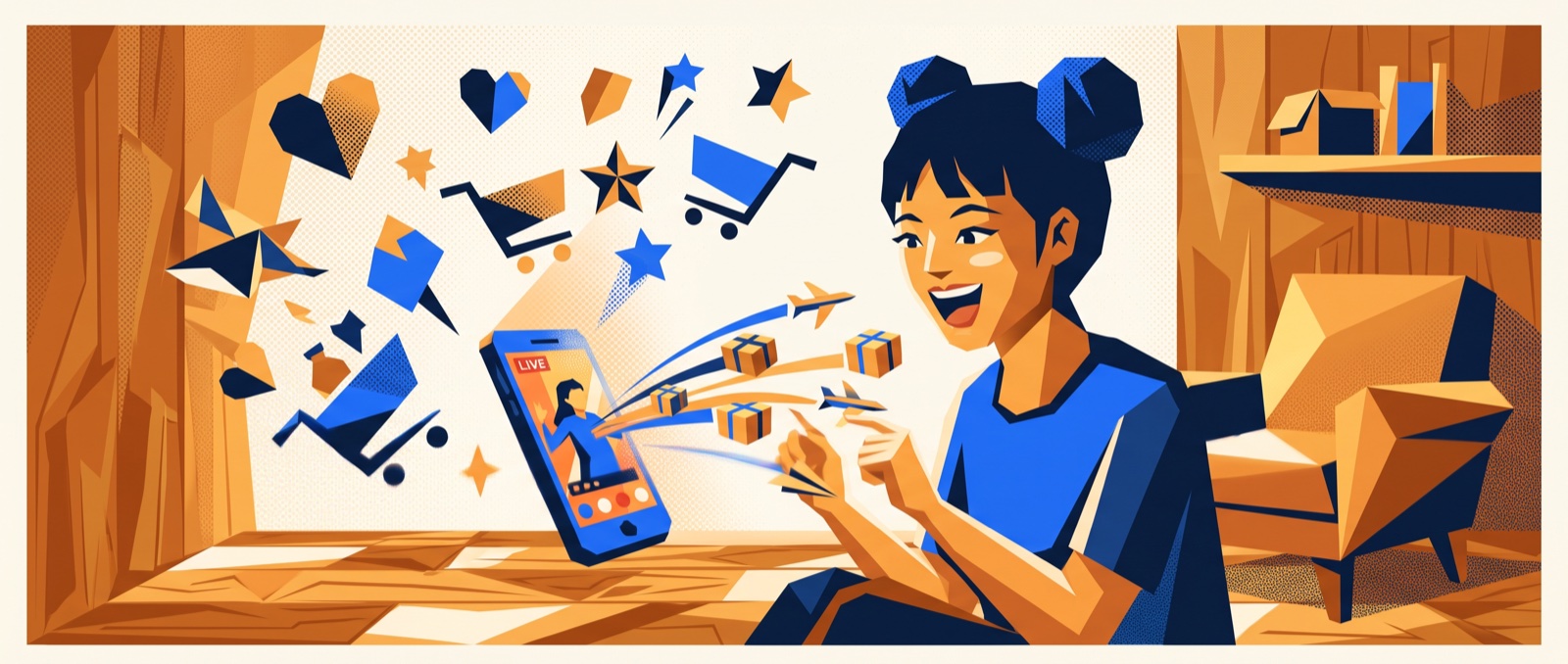 スマホのライブ配信で日本の商品を購入する消費者のイラスト